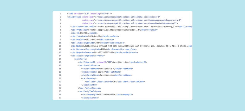 Screenshot einer XRechnung im XML-Format