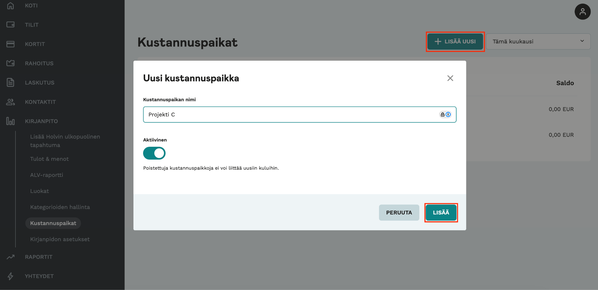 Kuvakaappaus Holvi-sovelluksesta. Näyttää miten Holvi-sovelluksessa lisätään uusi kustannuspaikka.