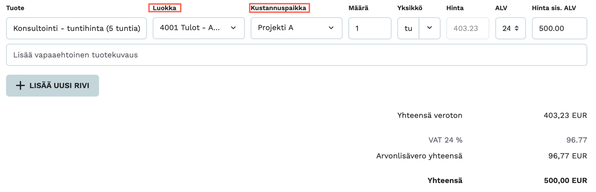 Kuvakaappaus Holvi-sovelluksesta. Näyttää miten Holvi-sovelluksessa voi lisätä tapahtuma-kohtaisesti Luokan (eli kategorian) ja Kustannuspaikan.