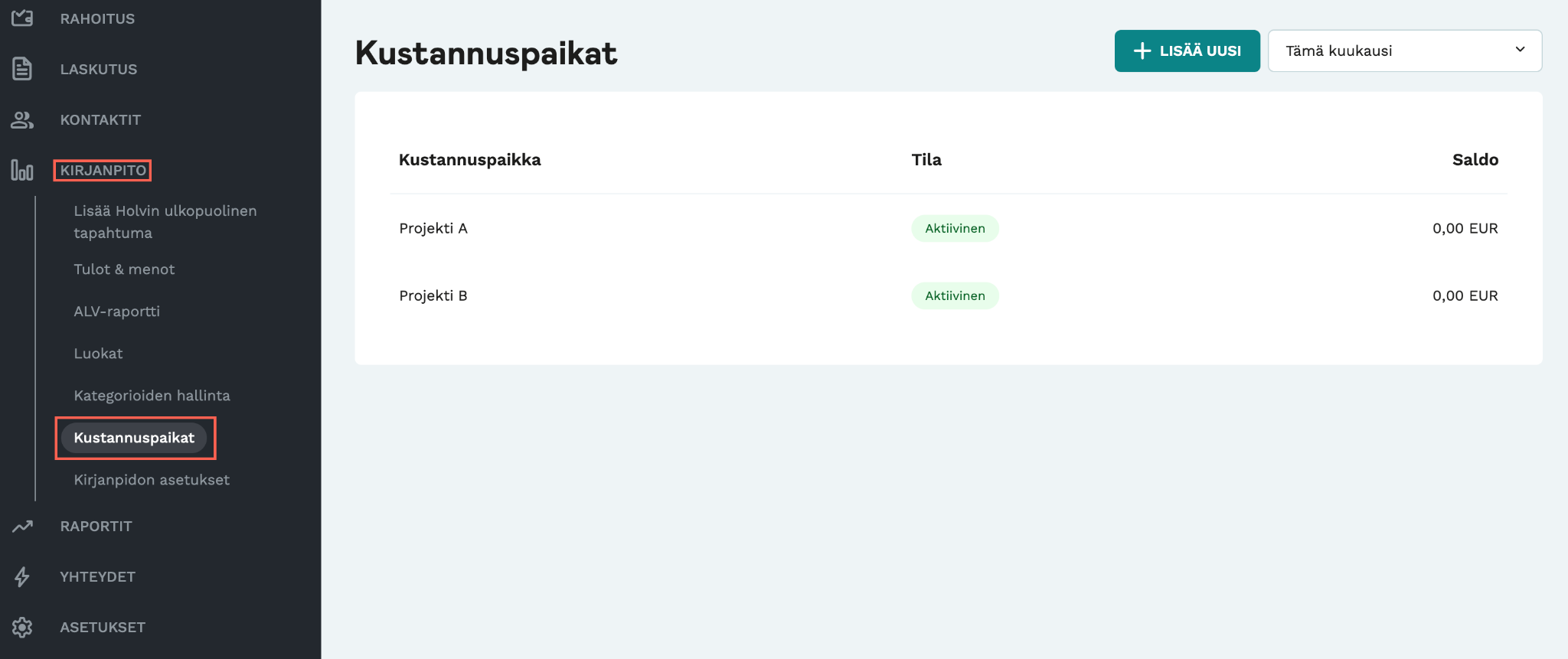 Kuvakaappaus Holvi-sovelluksesta. Kuva näyttää miten Holvi-sovelluksessa navigoidaan kohtaan Kustannuspaikat.