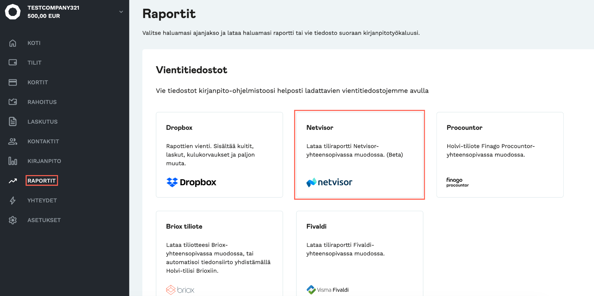 Kuvakaappaus Holvi-sovelluksesta. Näyttää miten Holvi-sovelluksessa navigoidaan eri kirjanpito-ohjelmaan soveltuvien, valmiiksi ladattavien vientitiedostojen luokse. 