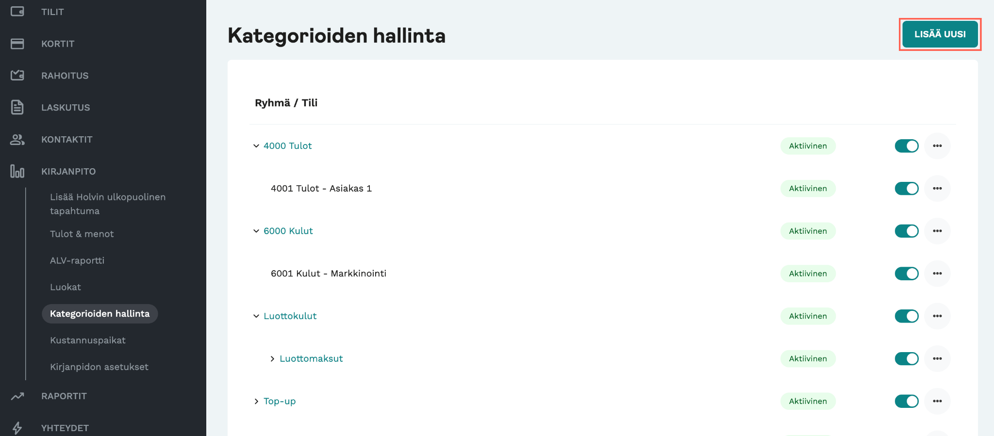 Kuvakaappaus Holvi-sovelluksesta. Näyttää miten Holvi-sovelluksessa lisätään uusi kategoria.