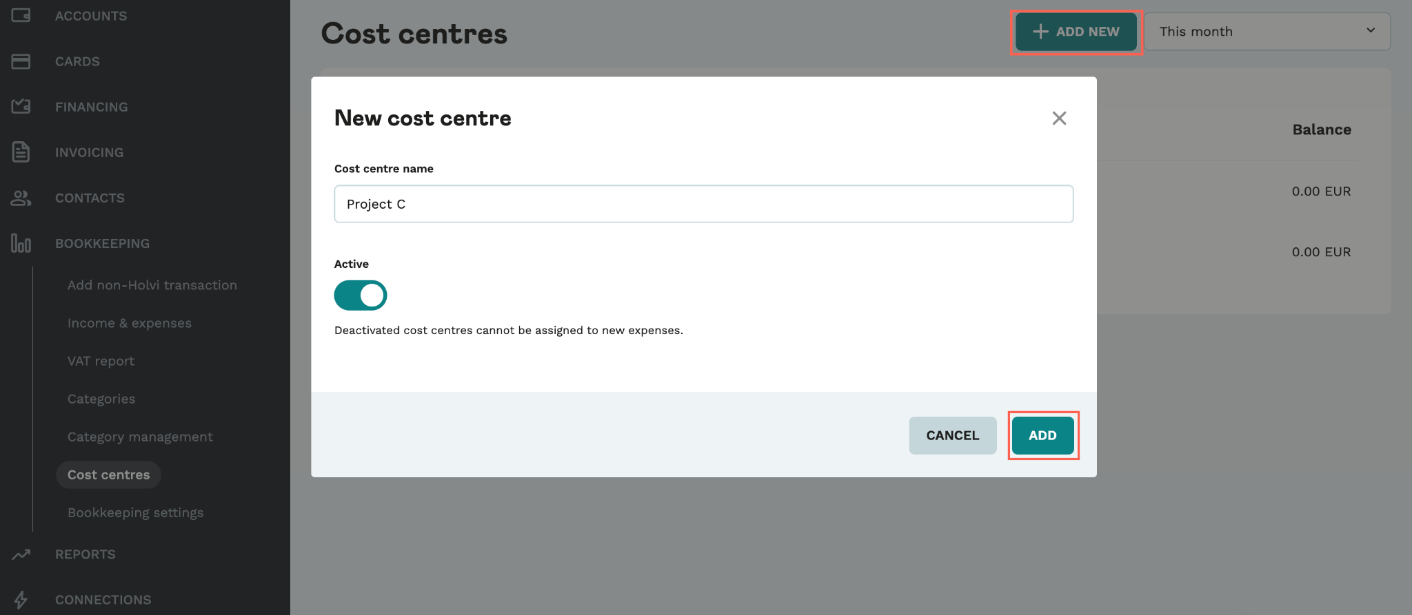 Screenshot from the Holvi app. Showcases how to add a new cost centre.