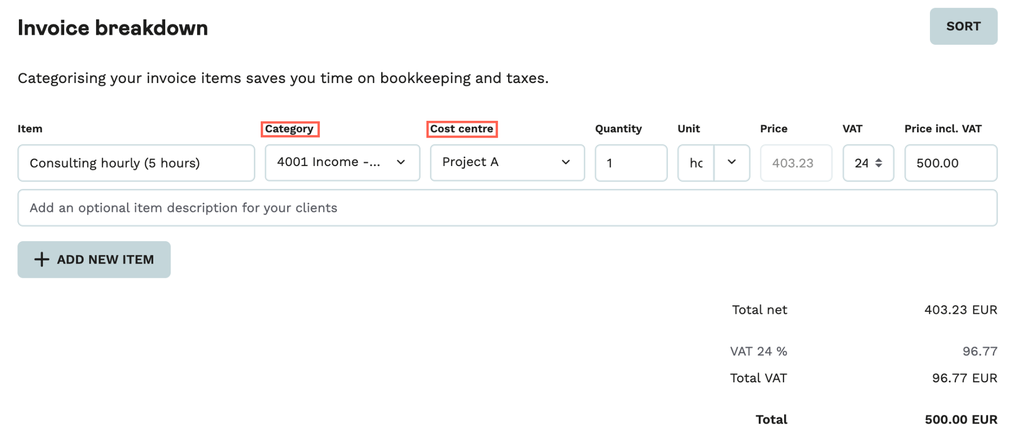 Screenshot from the Holvi app. Showcases how to add a category and cost centre to an individual transaction.