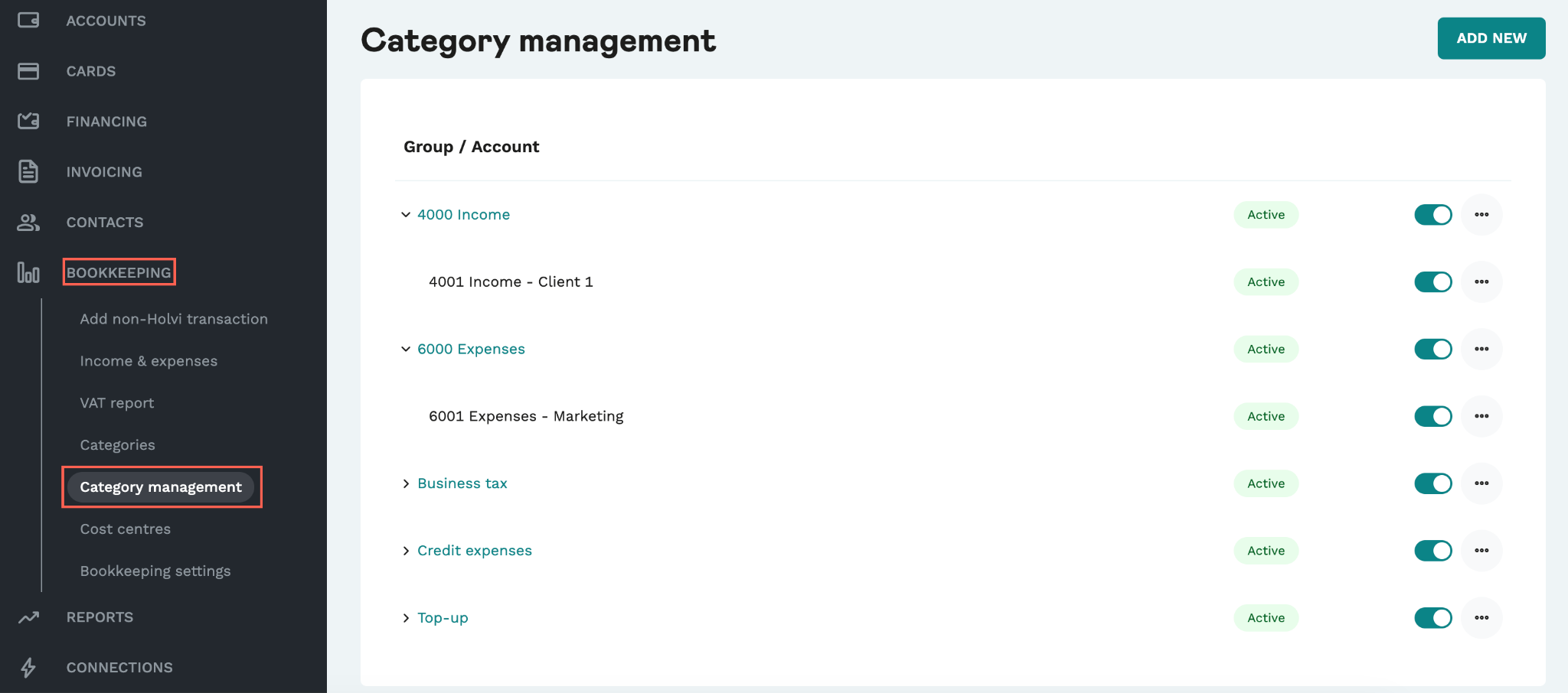 Screenshot from the Holvi app. Showcases how to navigate to category management.
