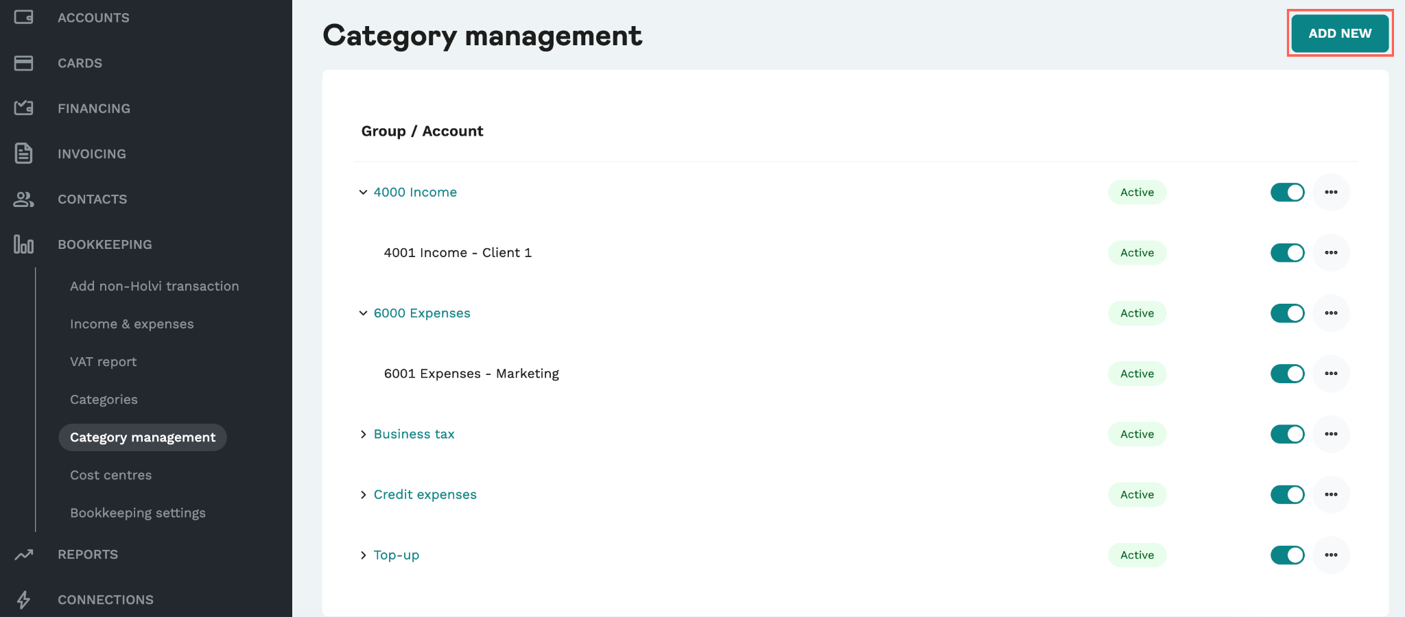 Screenshot from the Holvi app. Showcases where to add a new category.