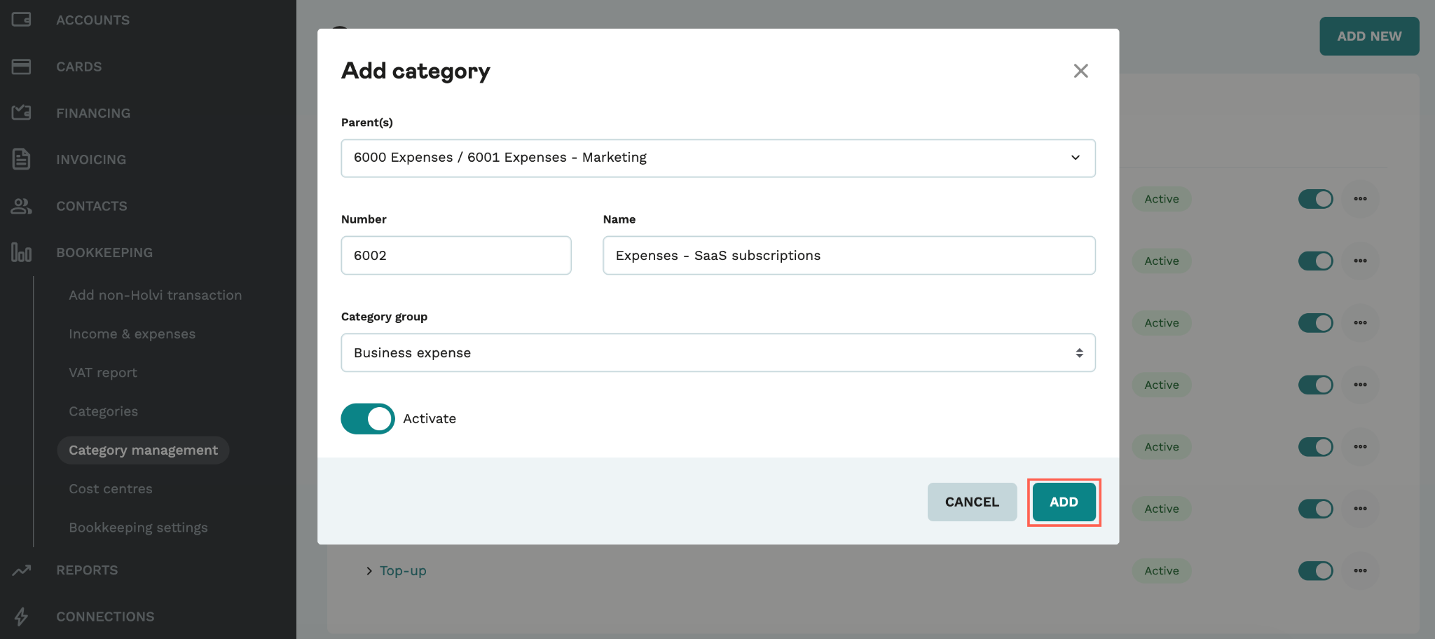 Screenshot from the Holvi app. Showcases how to add a new category and which information can be added: parent category, number, name, and category group.