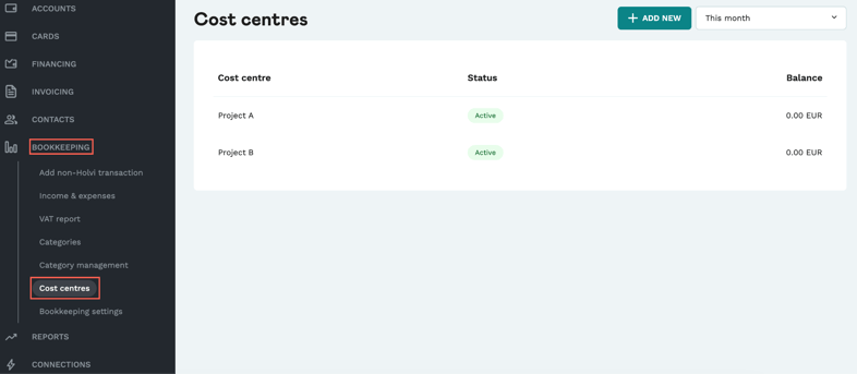 Screenshot from the Holvi app. Showcases how to navigate to cost centres.
