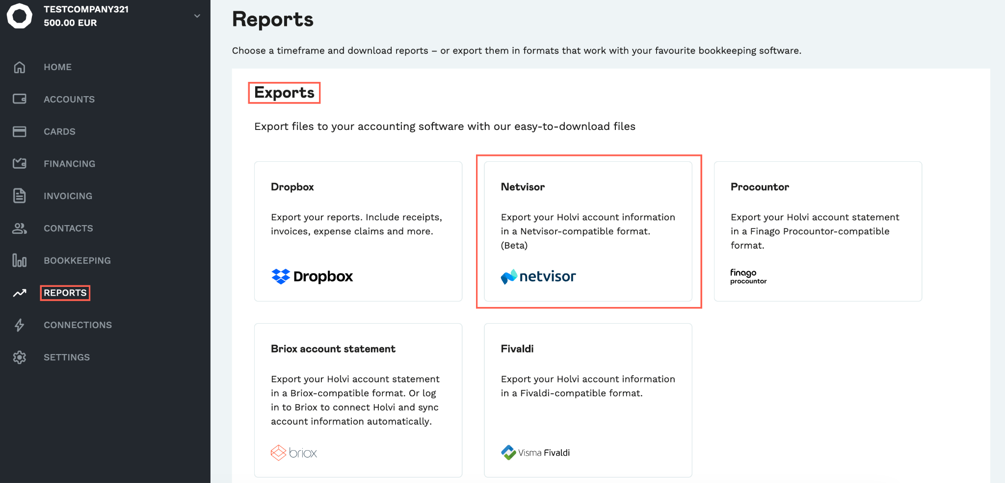 Screenshot from the Holvi app. Showcases how to navigate to Exports in Holvi, allowing for the downloading of ready-to-go accounting data for your accounting software of choice.
